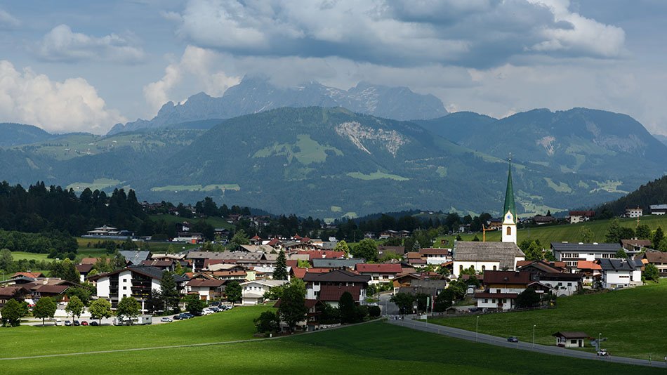 The village of Elmau in the Wilder Kaiser region of the Austian Alps.