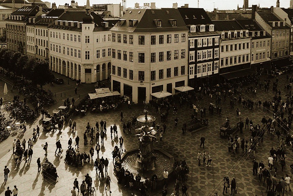 A square in Strøget, the famous shopping street in Copenhagen, Denmark.