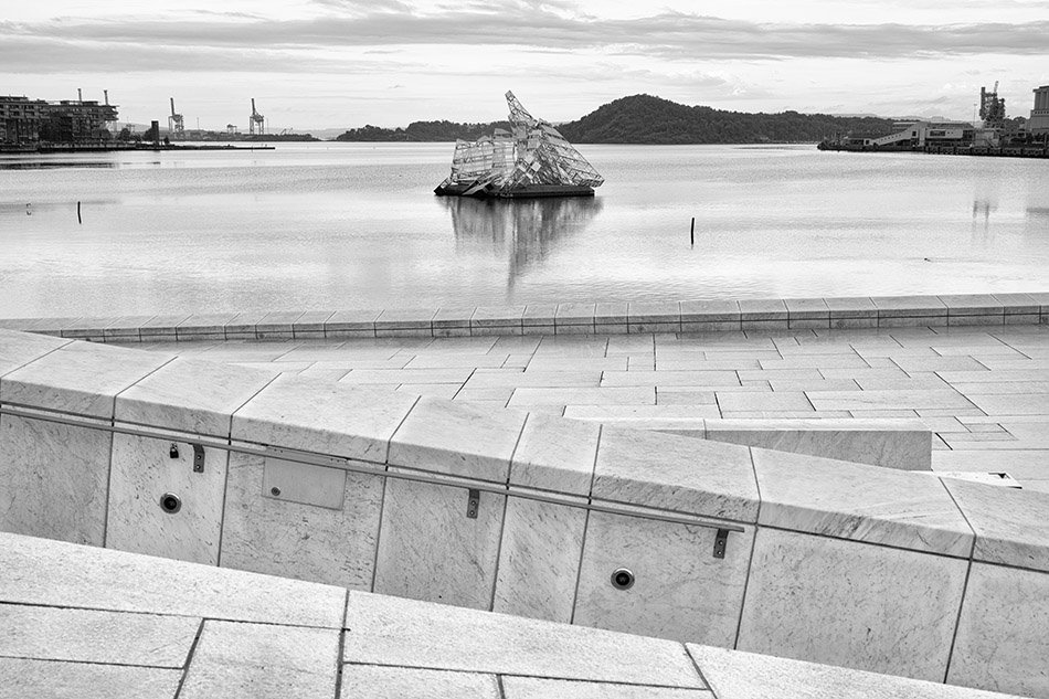 She Lies sculpture by Monica Bonvicini, Oslofjord.