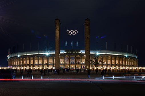 The Olympiastadion during the blue hour.