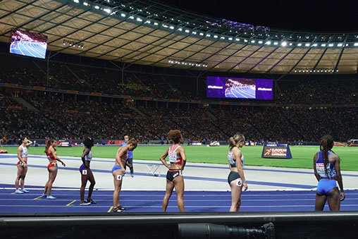 Athletes waiting for their turn in the 4 x 100m relay.