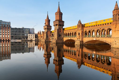 The Oberbaumbrüke reflected in the river Spree.