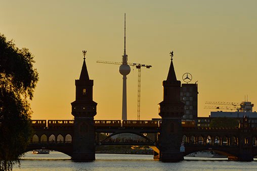 The Oberbaumbrücke and TV Tower at sunset.
