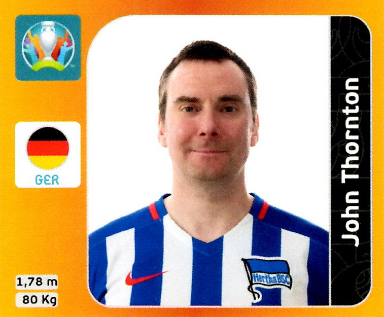Portrait in the style of a Euro 2020 Panini football sticker.