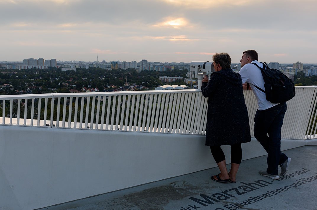 Visitors view the Berlin skyline from the Wolkenhain.