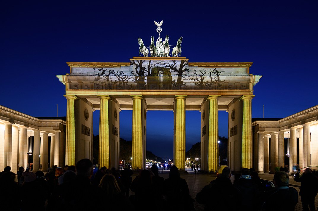 The Brandenburg Gate illuminated during the Festival Of Lights.